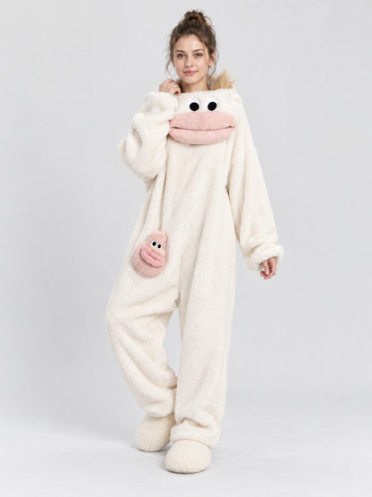 White Insulated Pajama Jumpsuit with Cartoon Design