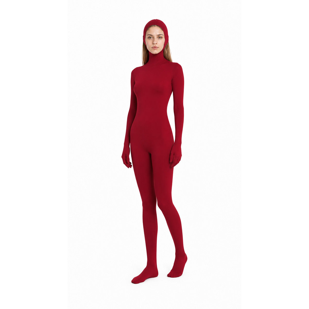 Burgundy Form-Fitting Hooded Costume Jumpsuit Costumes detail