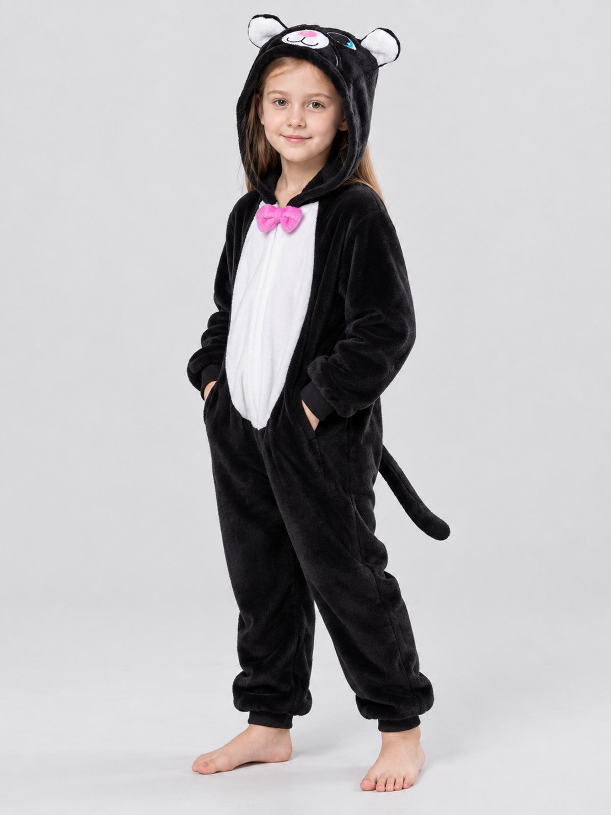 Black Flannel Pajama Jumpsuit with Hood and Ears