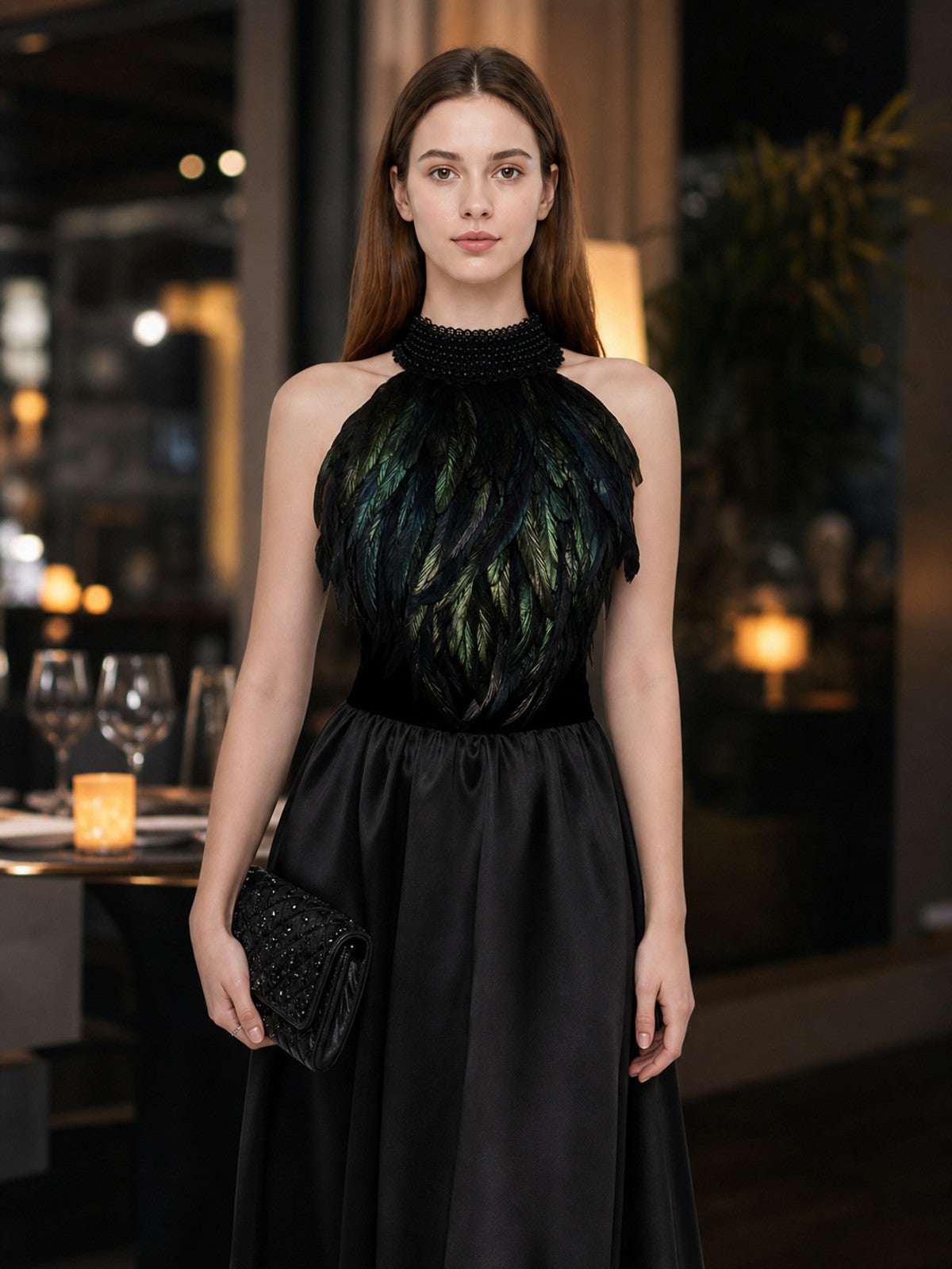 Black feather halter top with a beaded high collar, shown on a model in a restaurant setting with a black skirt and clutch