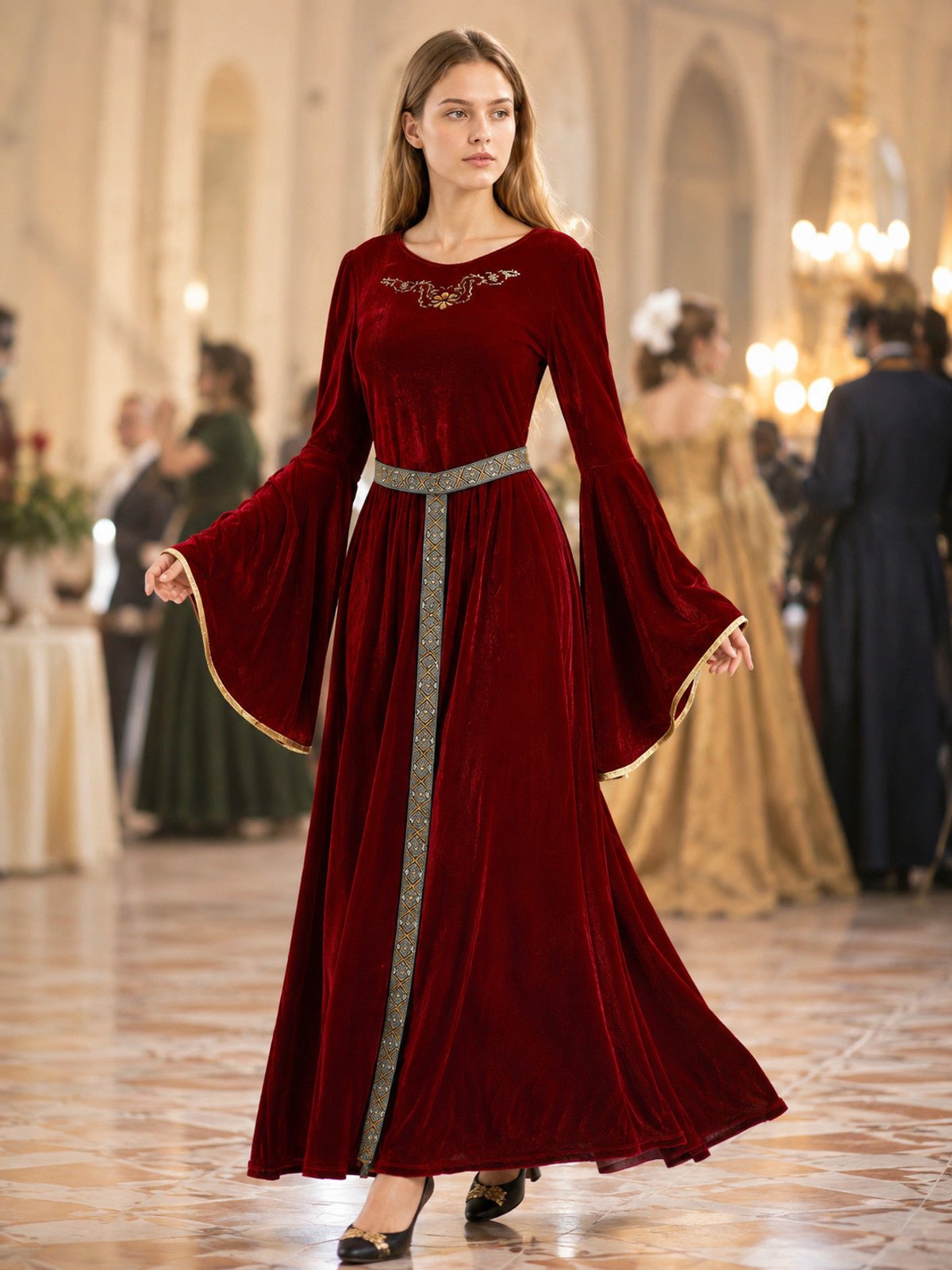 Burgundy Velour Costume Dress with Belt lifestyle view