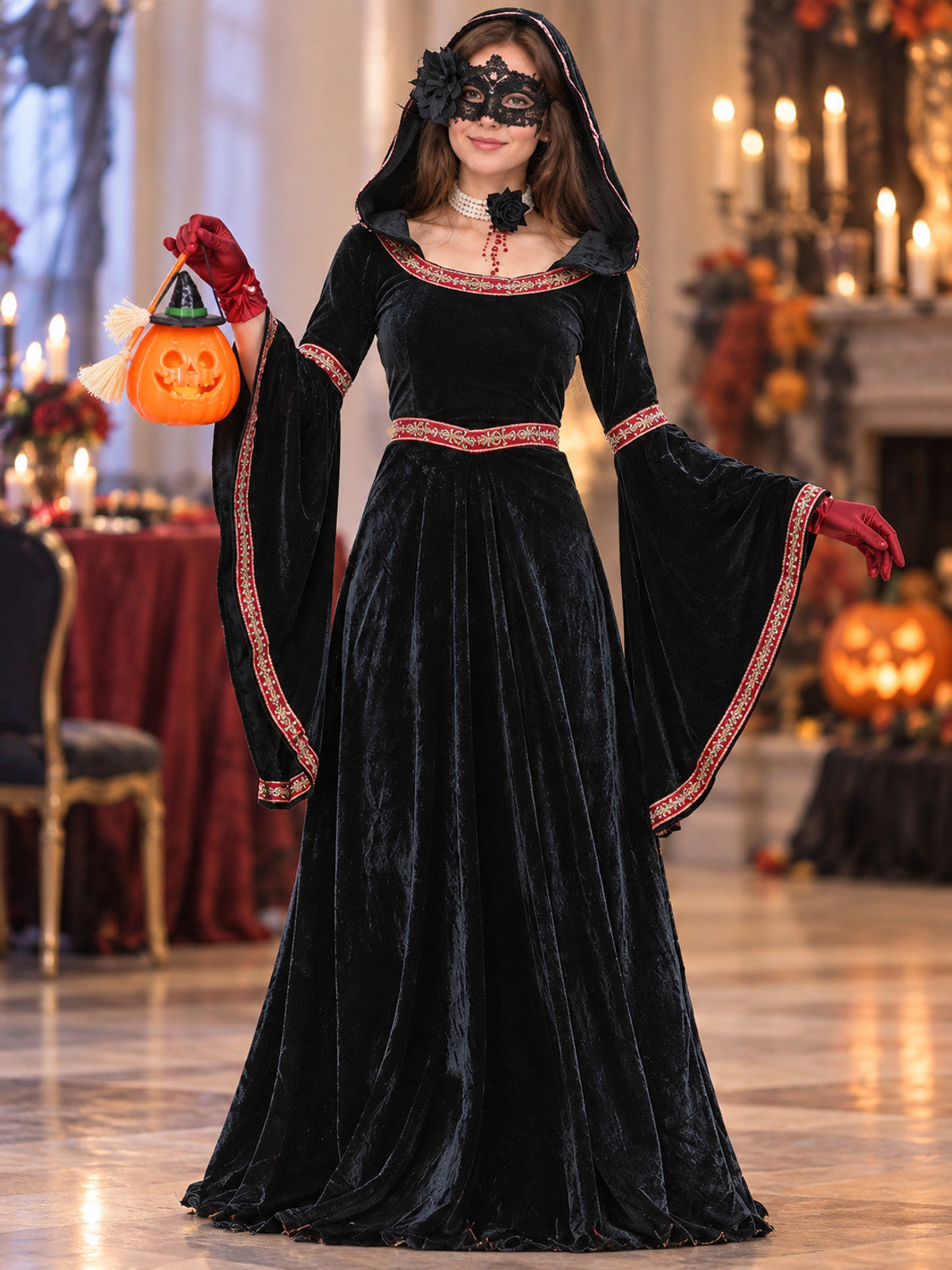 Halloween Witch Costume with Hooded Dress