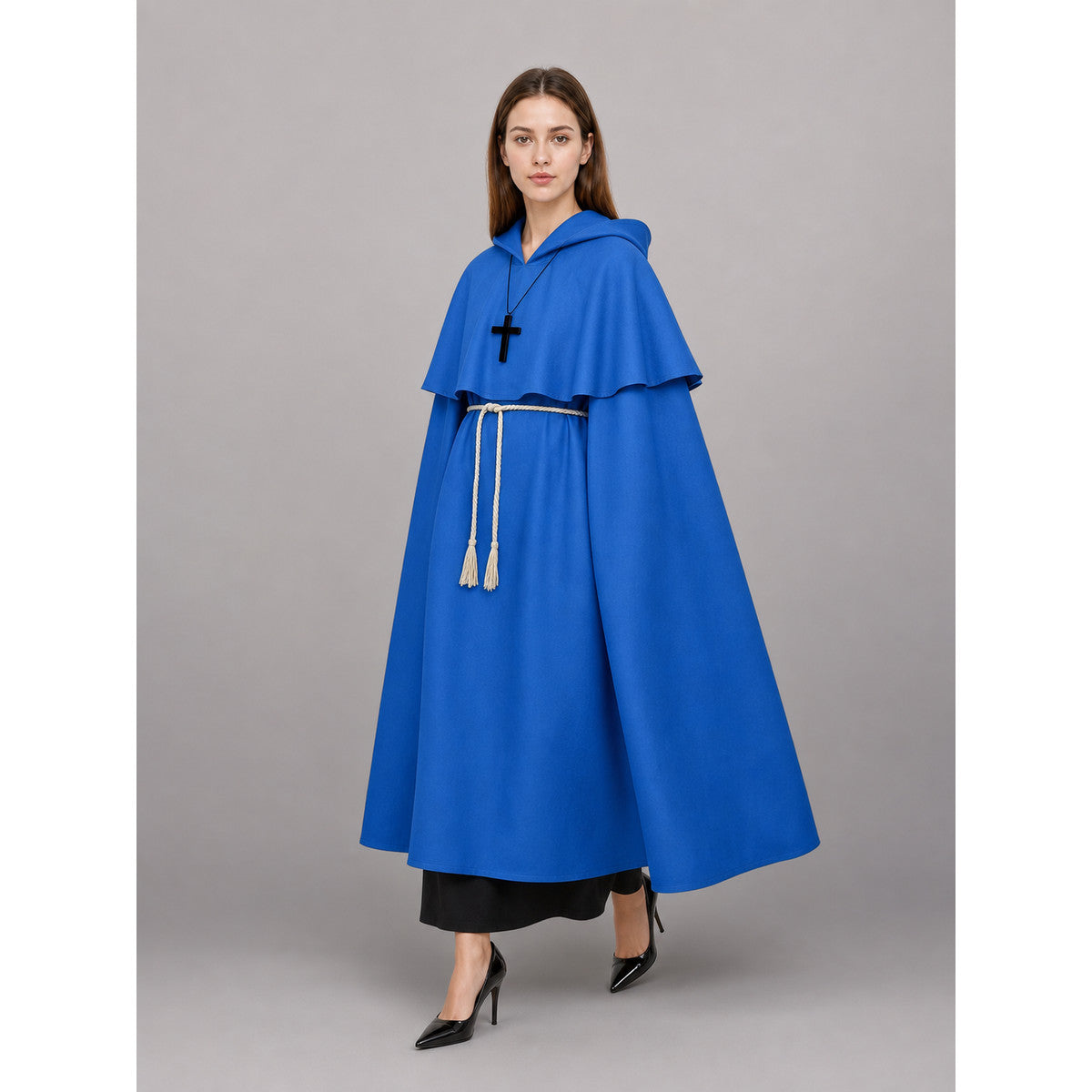Blue carnival cloak with hood, medieval look lifestyle