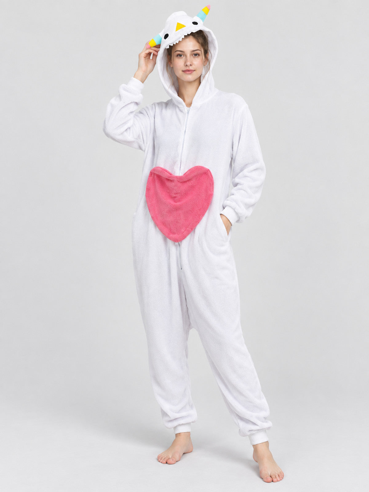 White Fleece Hooded Pajama Jumpsuit with Heart