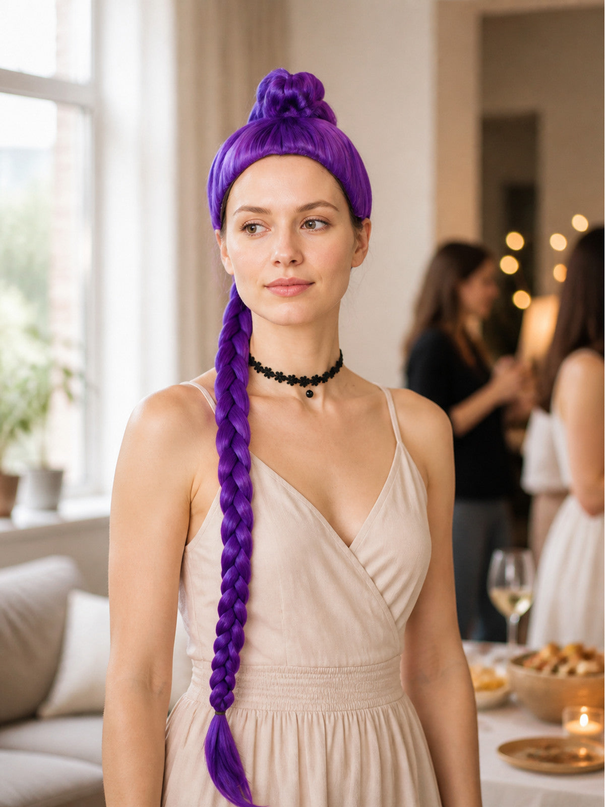 Purple Carnival Wig for Halloween and Cosplay lifestyle view