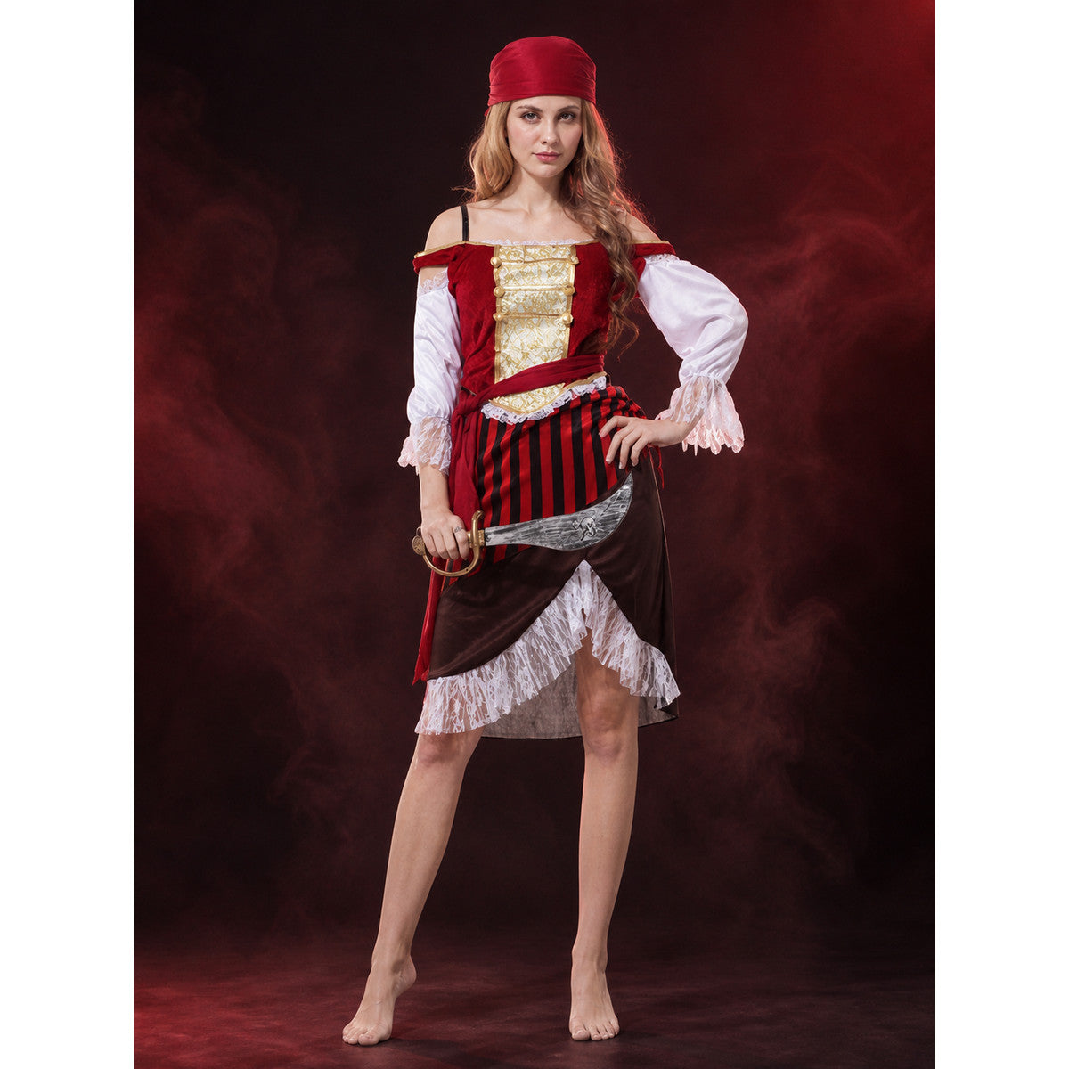 Women's Pirate Costume Set - Red & Black Striped Skirt, Lace Trim, Headband lifestyle