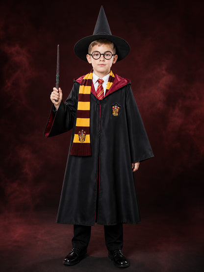 Kids Wizard Robe Costume Set, Hooded Cloak with Striped Scarf, Tie, Hat, Glasses