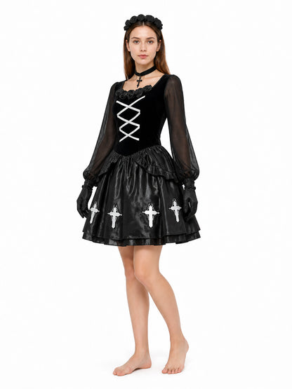 Gothic Halloween Dress with White Crosses and Gloves