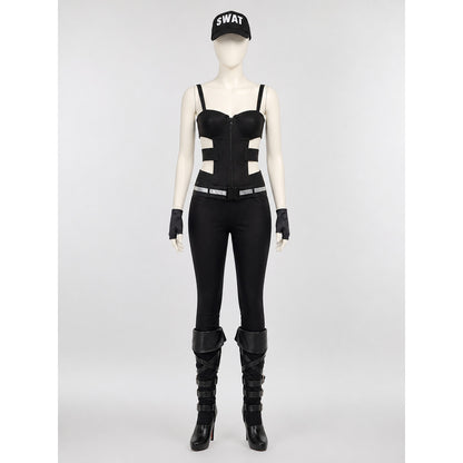 Women's Black SWAT Police Costume Set with Hat & Gloves, Halloween Cosplay main product view