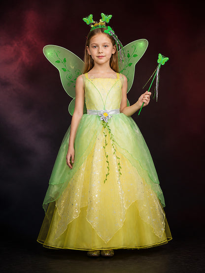 Girls Fairy Princess Costume Dress With Green Wings And Sequined Tulle Skirt main product view