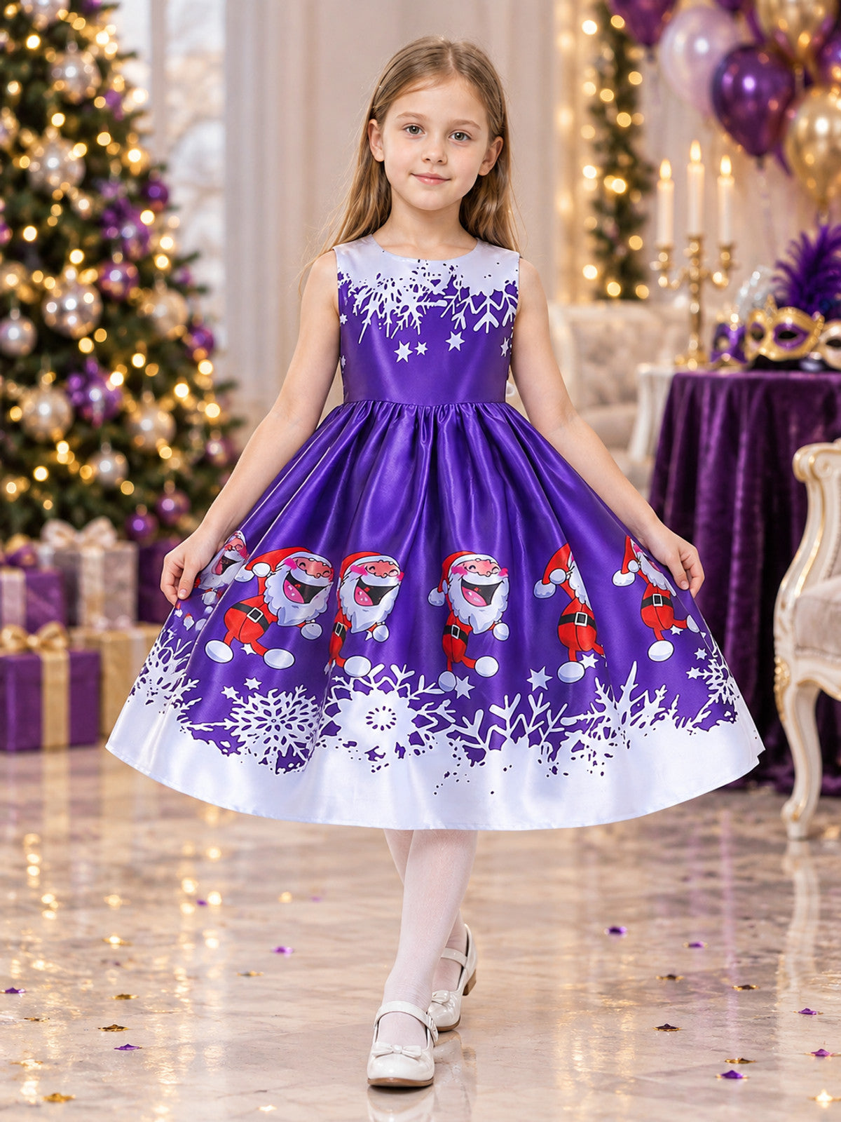 Purple Girls' Dress with Christmas Print