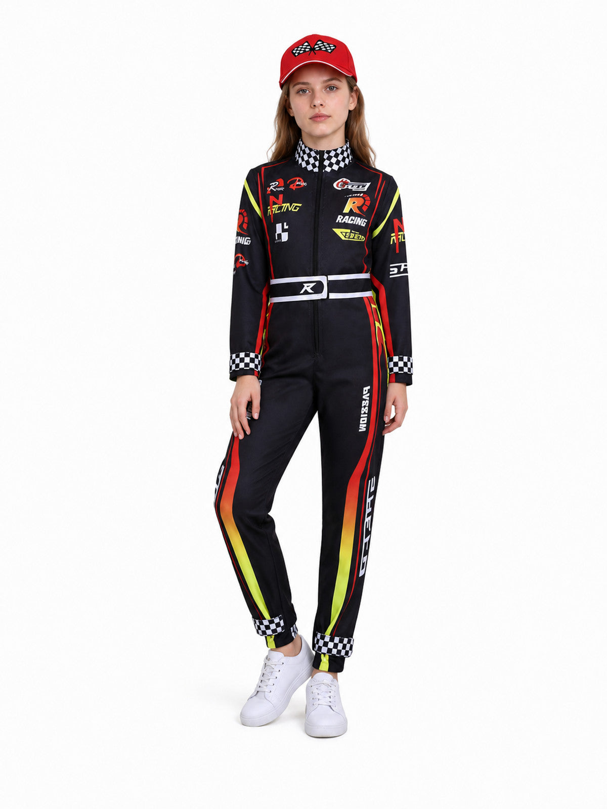 Kart Racing Jumpsuit with Belt and Cap Costume Headwear detail