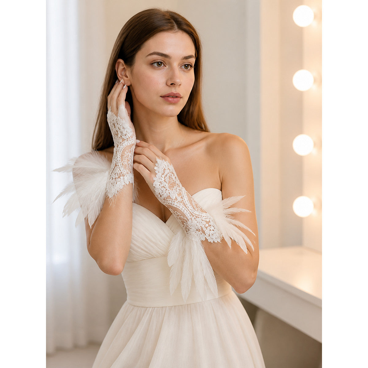White Lace Carnival Gloves with Feathers, Pair