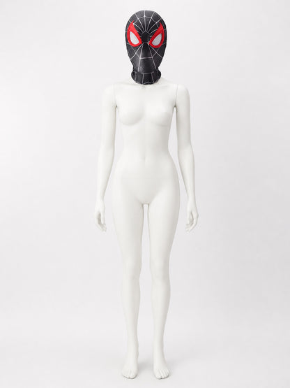 Black cosplay mask with red eyes and a spider web