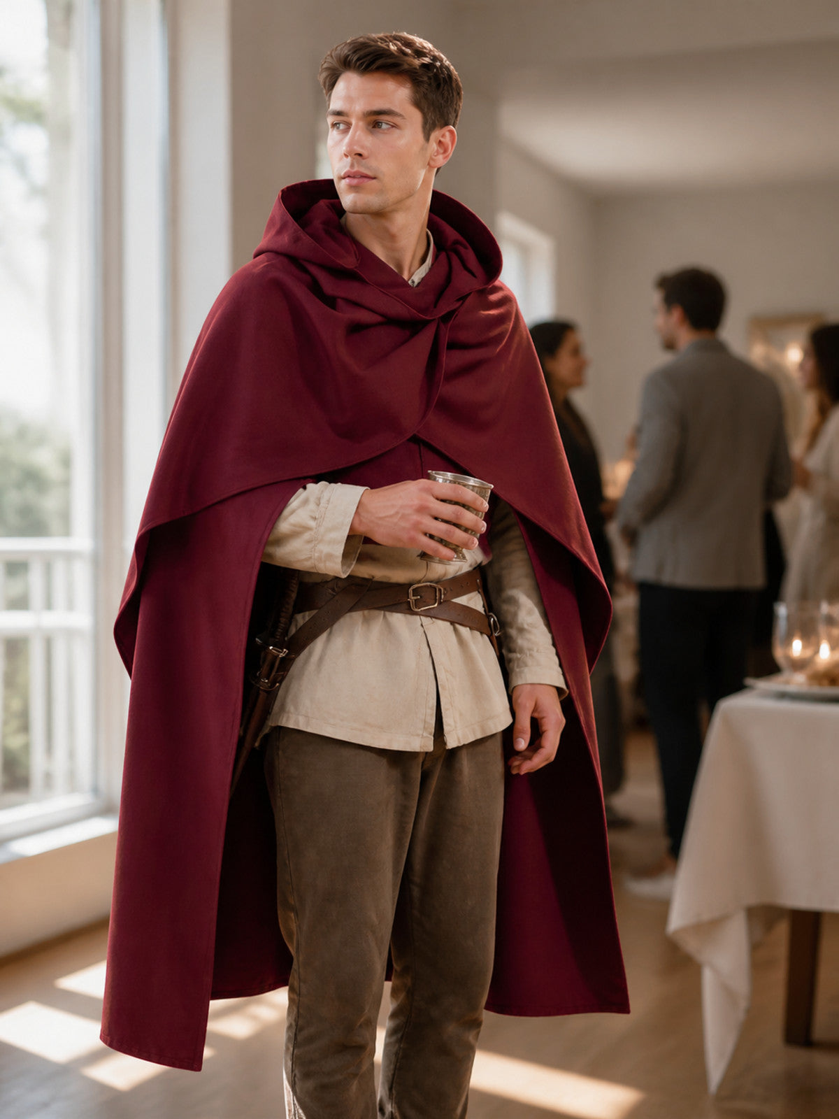Wine red hooded cape with layered front draping, shown on a model holding a glass in a bright indoor gathering