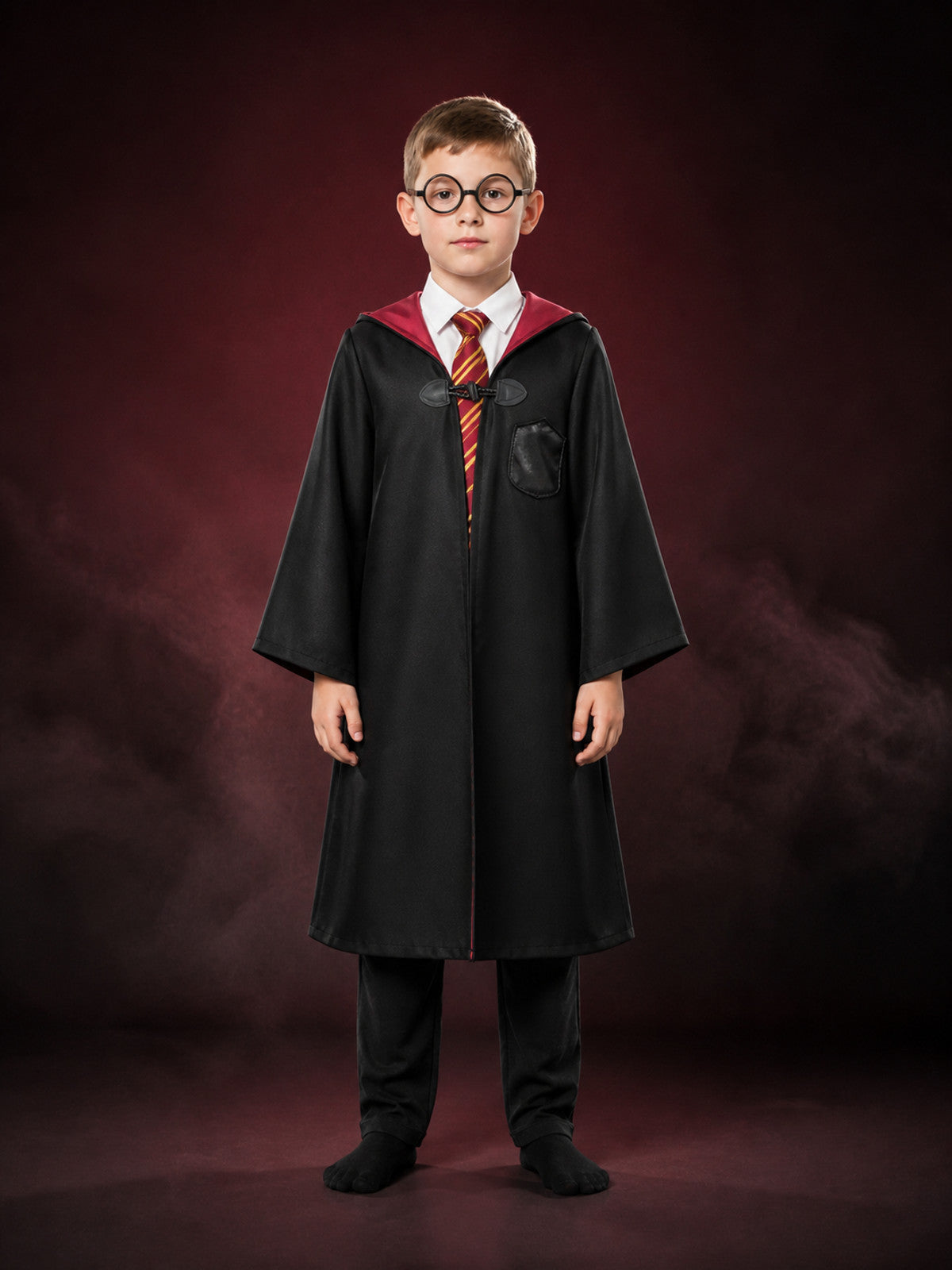 Kids Wizard Costume Set with Hooded Robe, Shirt, Pants, Striped Tie and Glasses