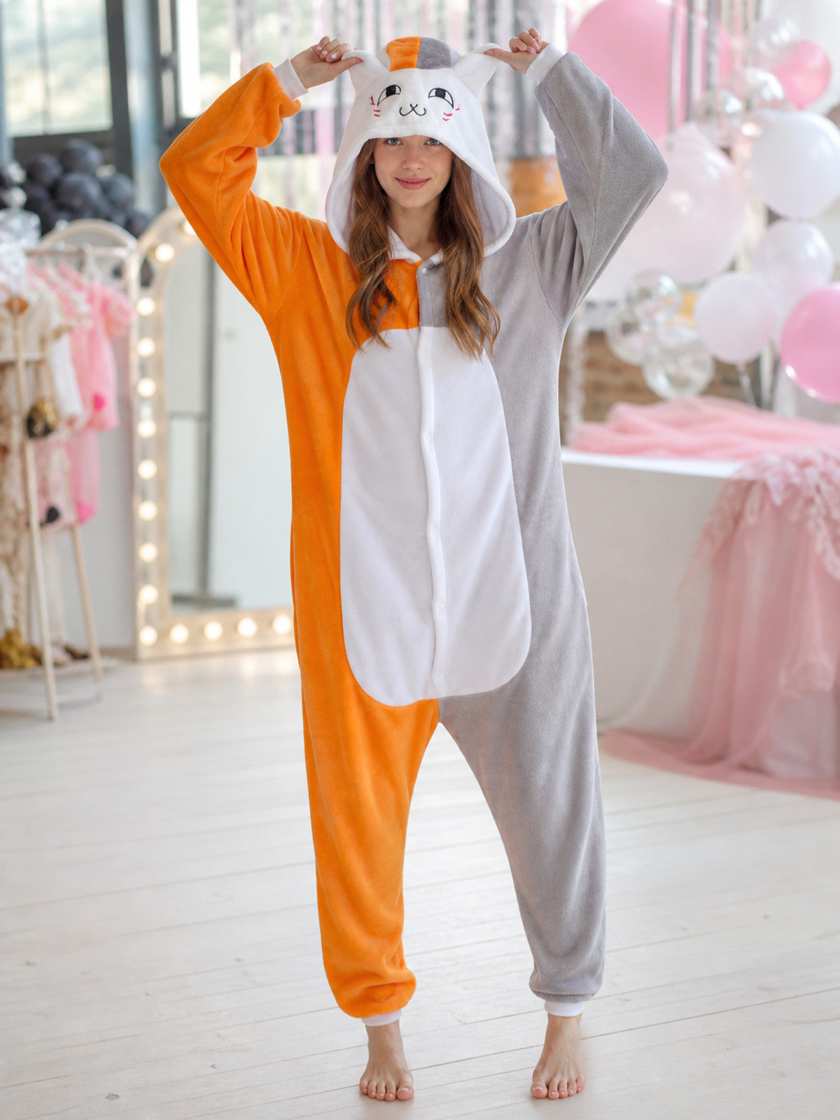 Plush Hooded Cat Kigurumi Costume lifestyle view