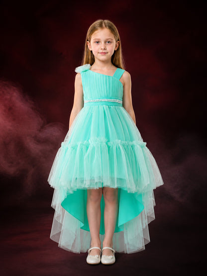 Girls' Mint Green Princess Dress, One-Shoulder Tulle Gown With Pearl Waist main product view