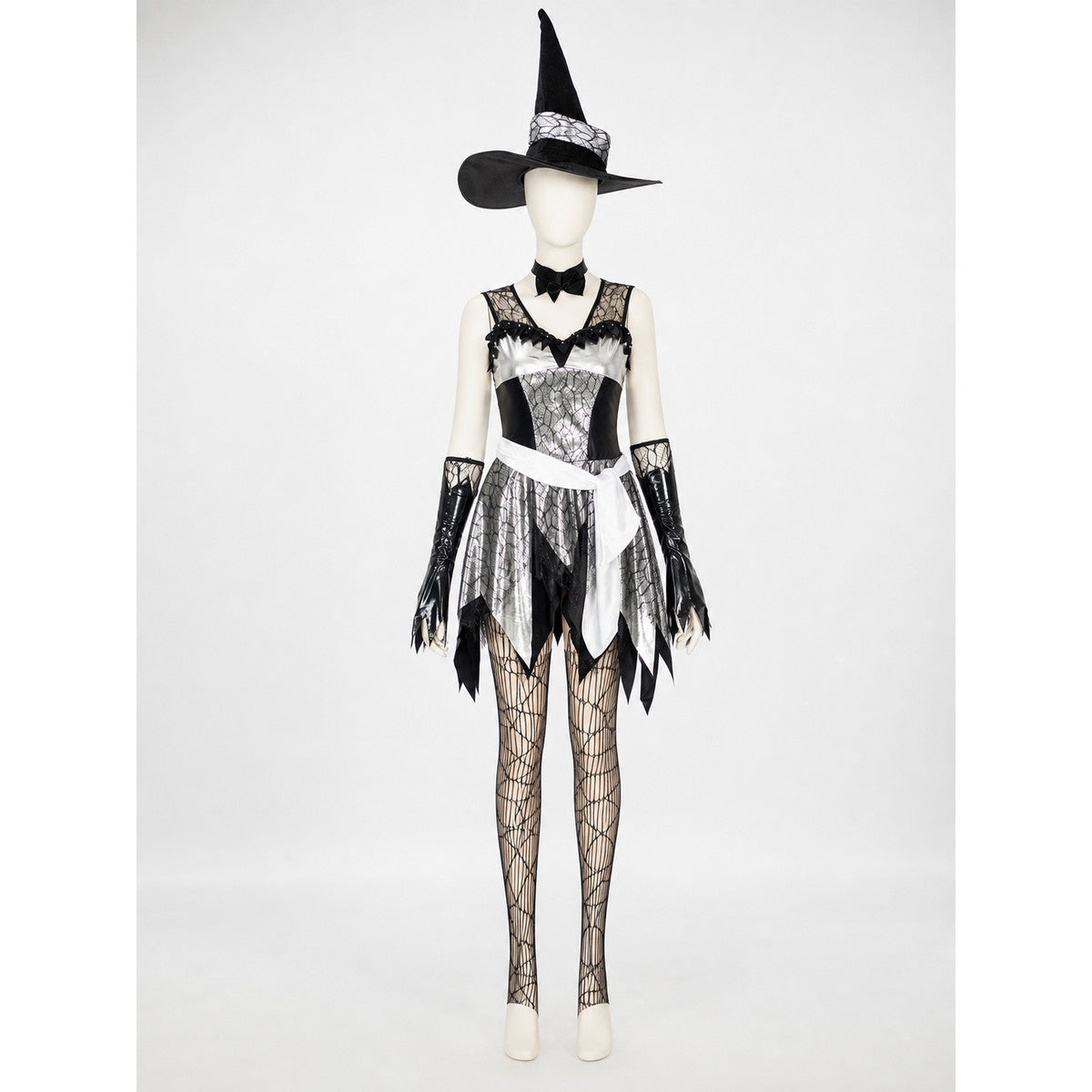 The witch costume is designed in a black, silver, and white color scheme and lifestyle