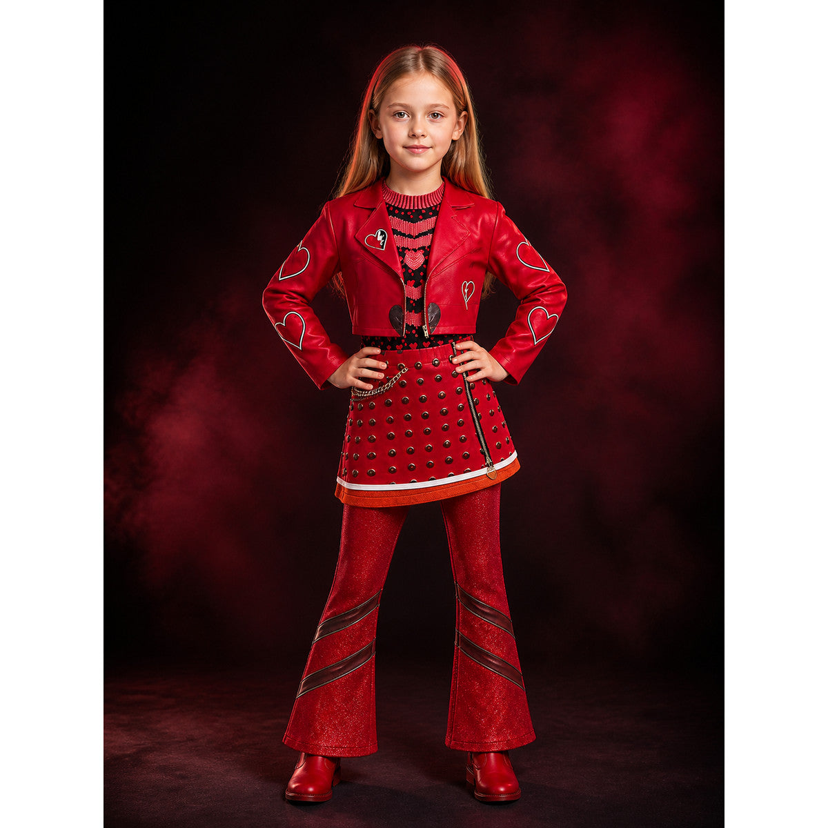 Kids Red Queen Costume Set, Red Heart Print Jacket, Skirt & Pants with Wig main product view