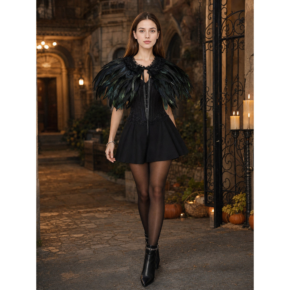 Halloween Costume Black Feather Cape with Lace Collar and Front Center Long Tie, Two-Layer Feather Trim, Shoulder Capelet for Cosplay Role Play Party