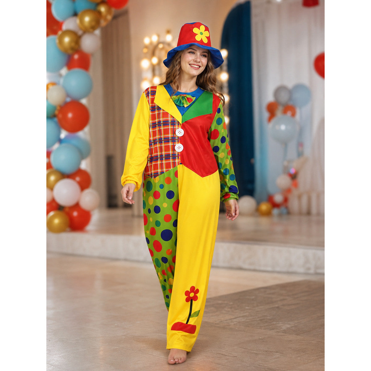 Clown Costume Jumpsuit with Hat and Bow Tie lifestyle view