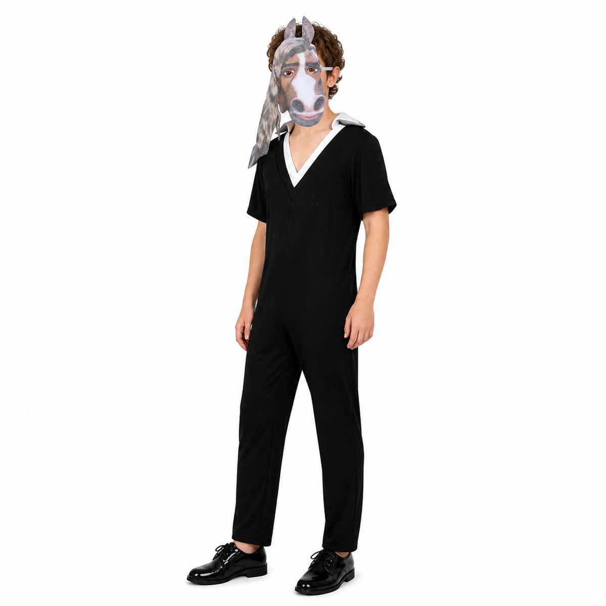 Black-and-White Horse Jumpsuit Costume with Mask on-model front view