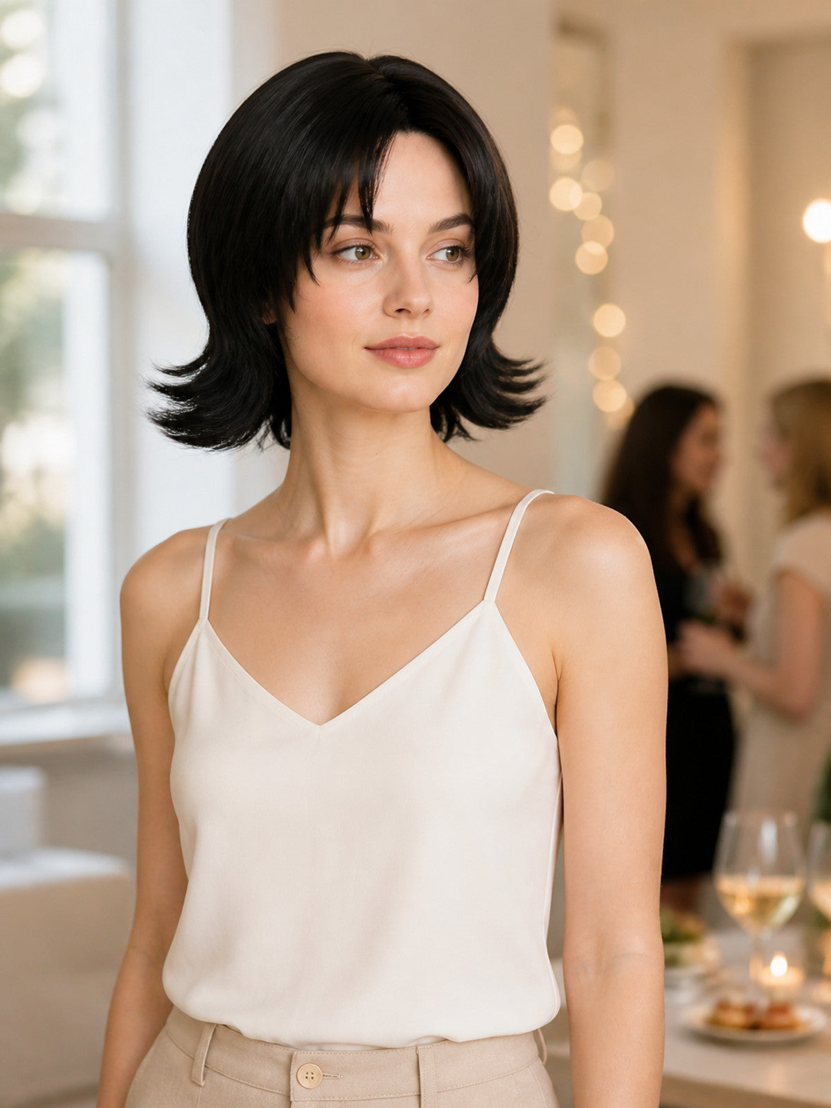 Short Black Carnival Wig with Side-Swept Bangs