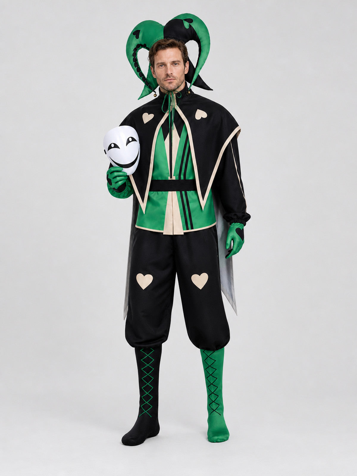 Clown Cosplay Costume, Green and Black Jumpsuit with Mask Costume Masks detail