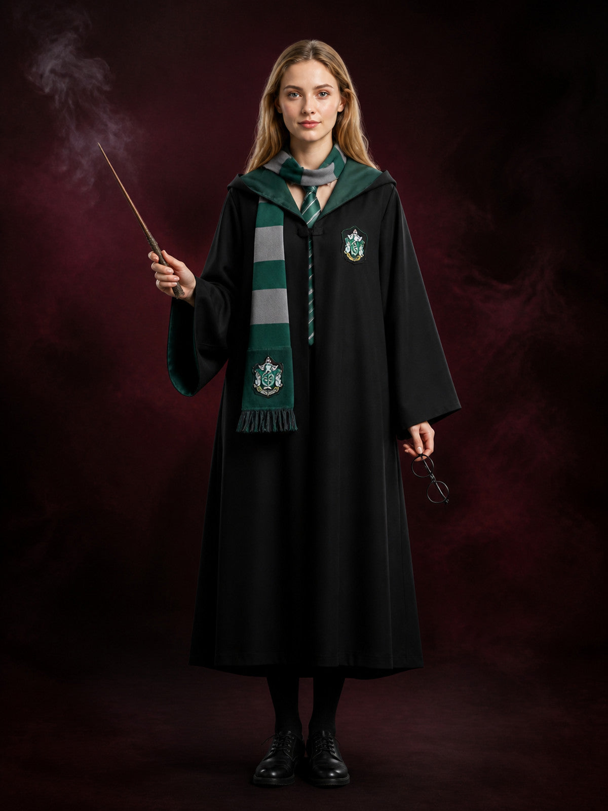 Hooded Wizard Robe Costume Set with Scarf, Tie, Wand and Glasses, Black and main product view