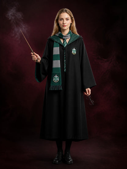 Hooded Wizard Robe Costume Set with Scarf, Tie, Wand and Glasses, Black and main product view