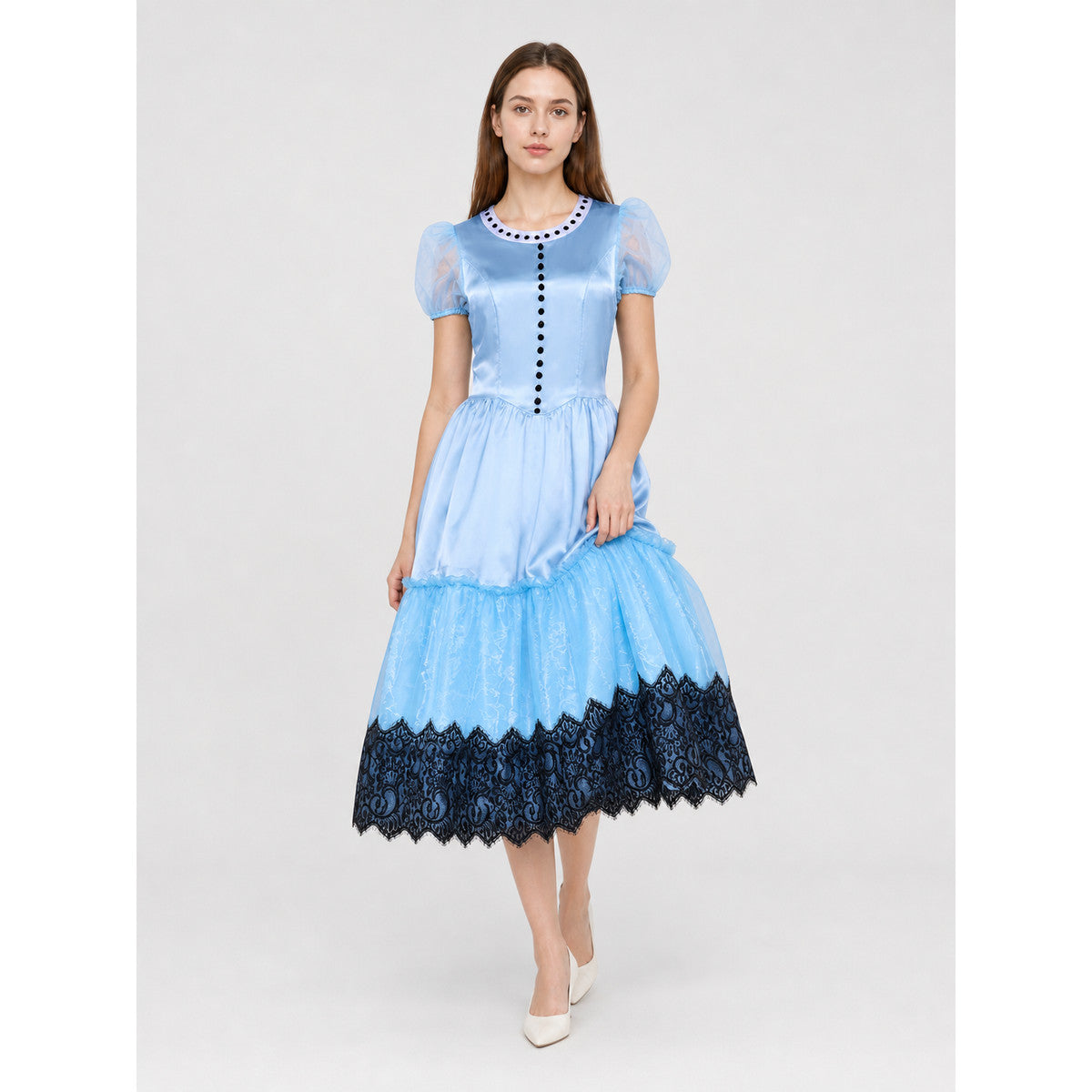 Alice Blue Dress with Full Skirt and Lace