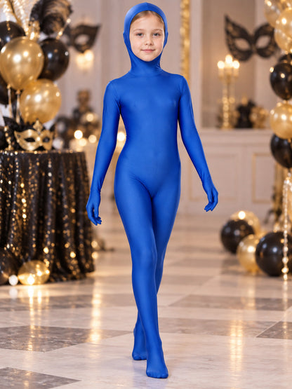 Blue form-fitting zentai bodysuit with hood