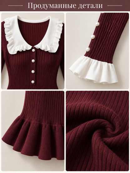 Burgundy Knitted Midi Dress with White Ruffled Collar