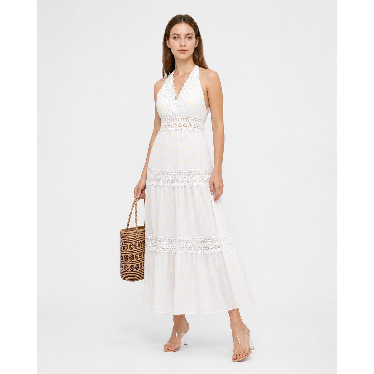 Long White Sleeveless Dress with Lace Trim Costume Dresses detail