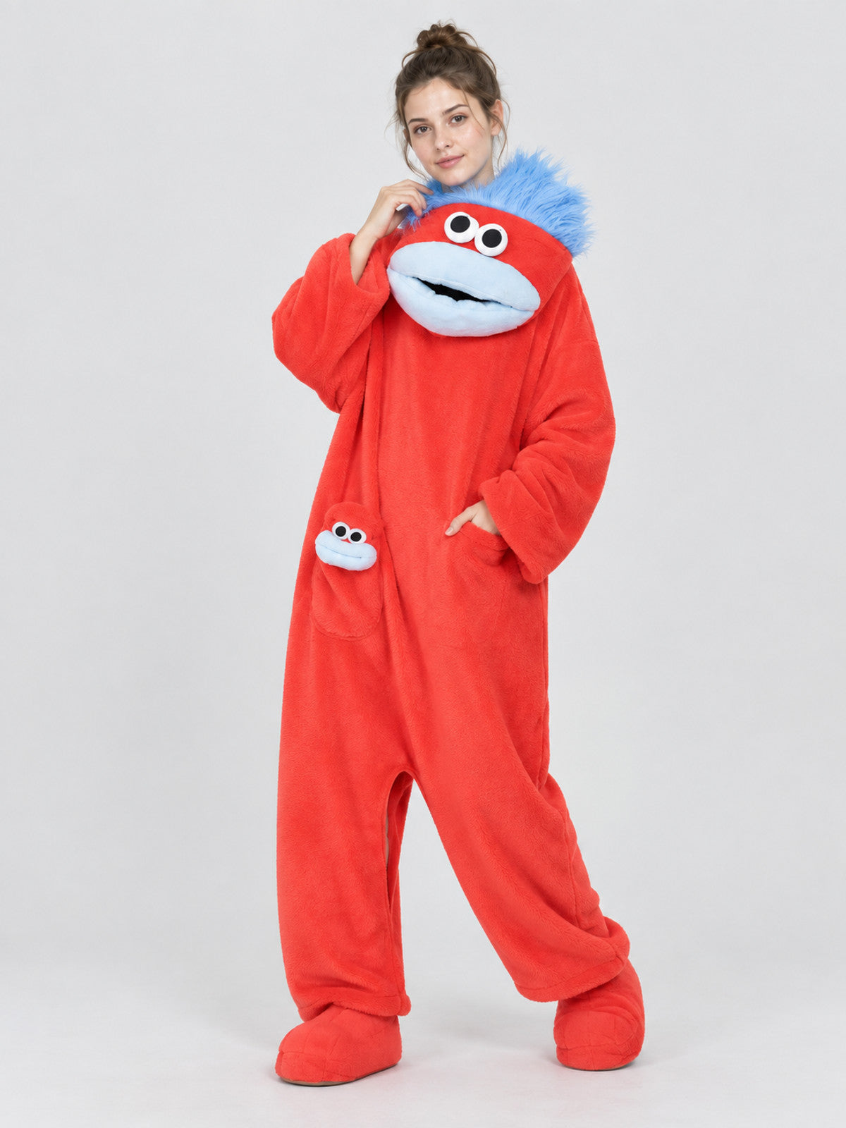 Red Fleece Pajama Jumpsuit with Cartoon Face