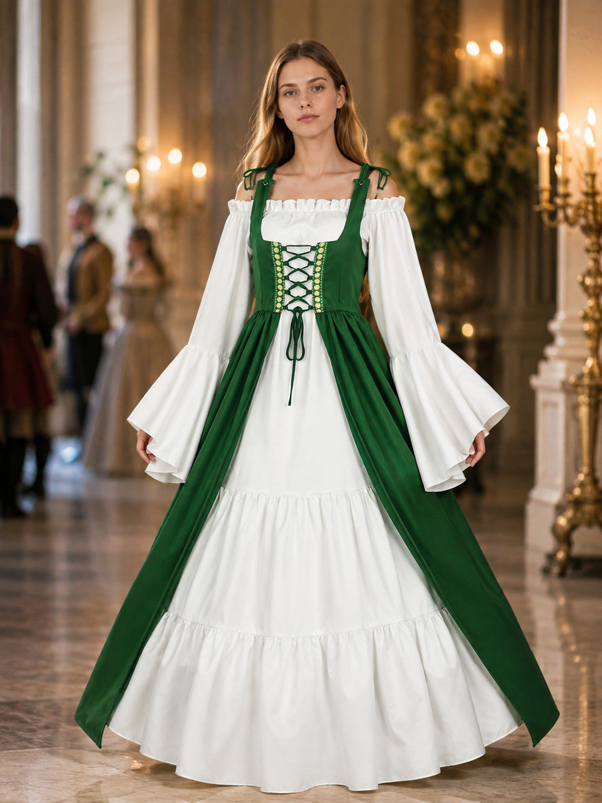 Green and White Historical Lace-Up Dress lifestyle view