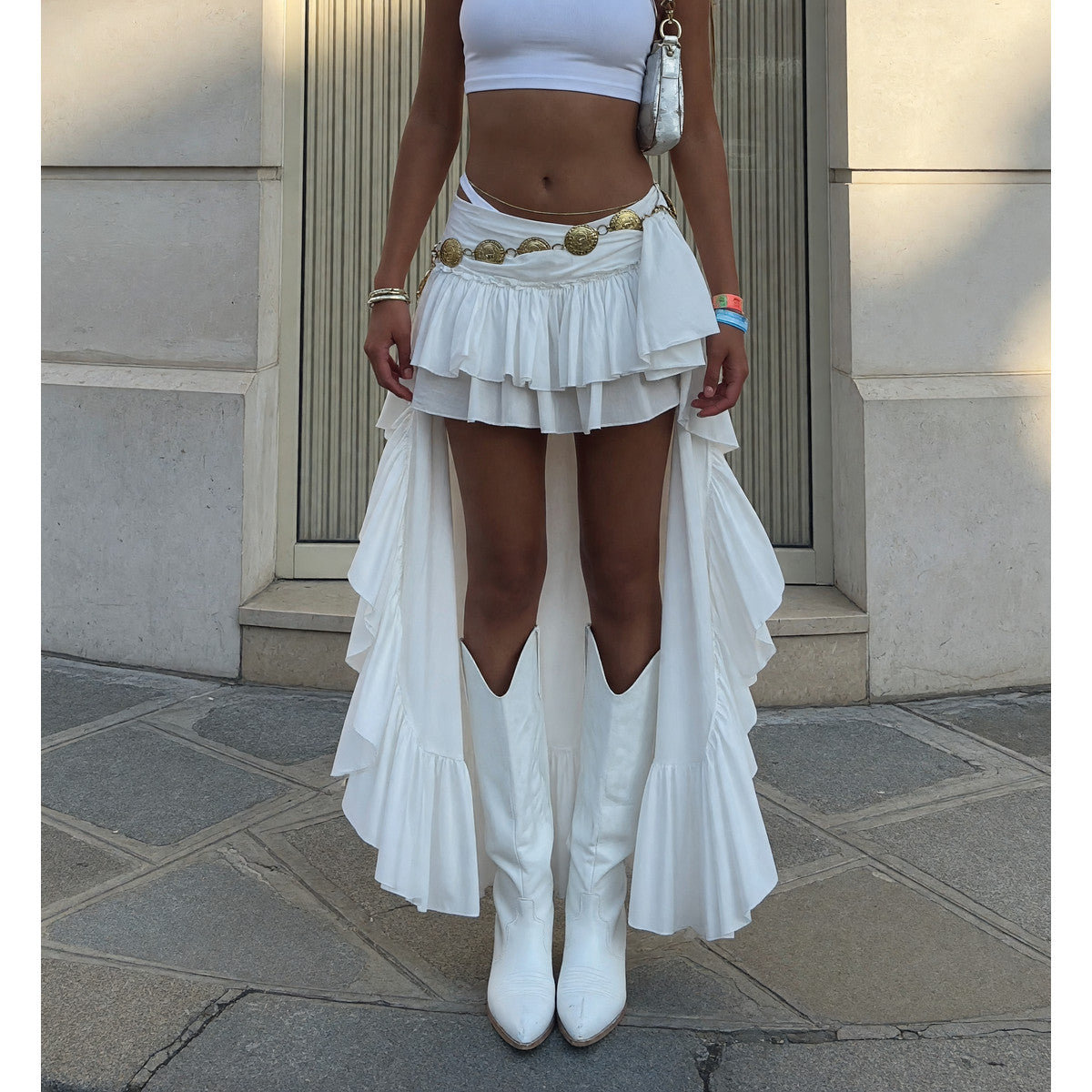 Women's White High-Waisted Ruffle Skirt