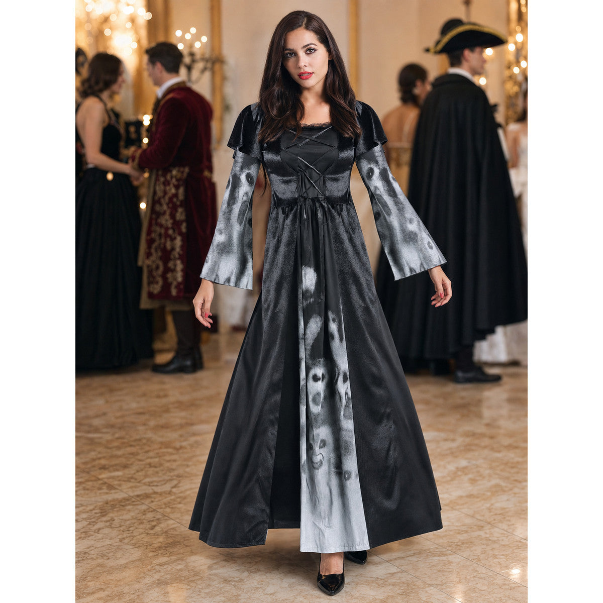 This costume dress for a Halloween look is designed in a gray-and-black color scheme. The dress features a distinctive ghost-face pattern positioned on the lower and middle sections of the garment, complemented by fabric inserts with a gray