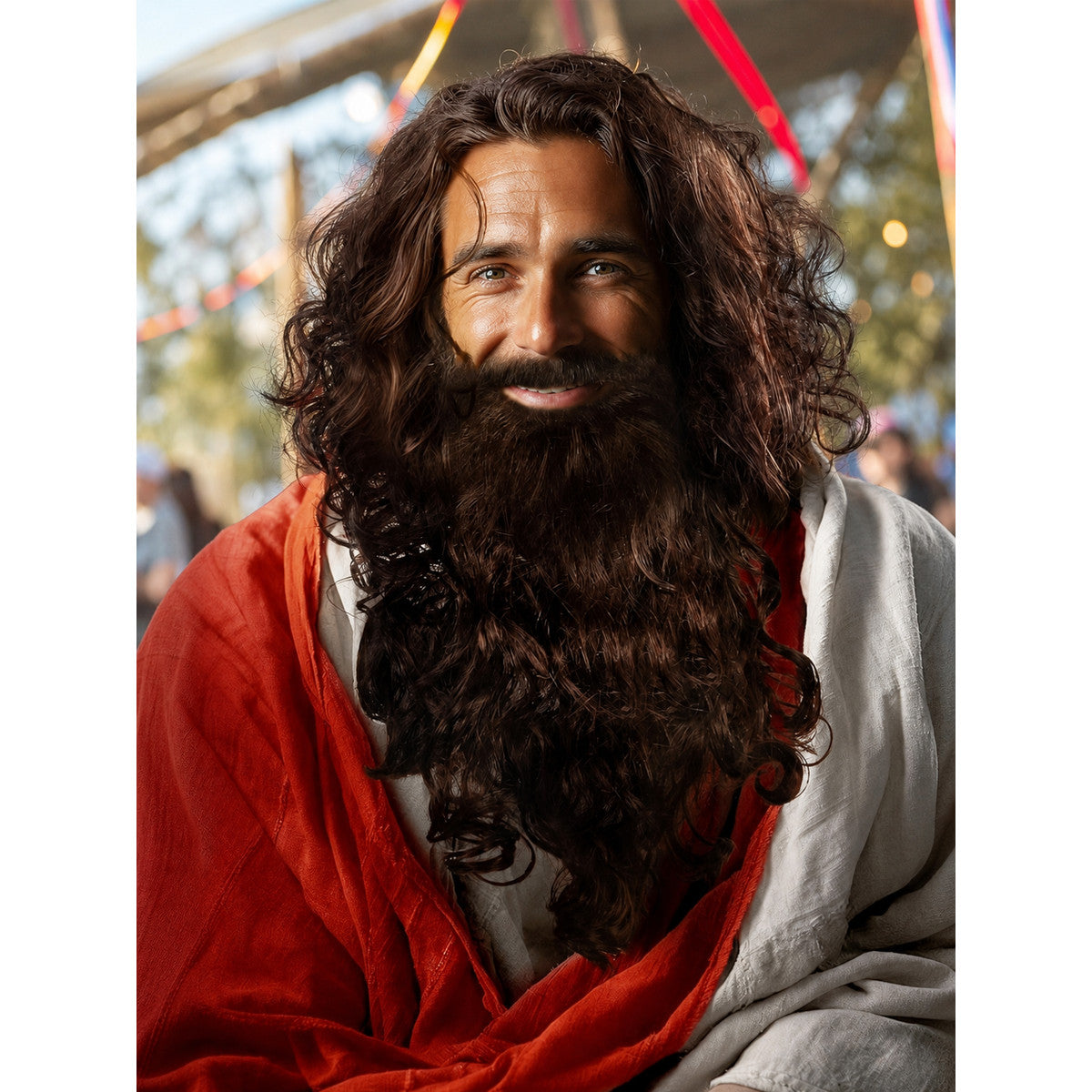 Dark brown curly beard and mustache shown on a model in a styled outdoor scene with red and white draped fabric