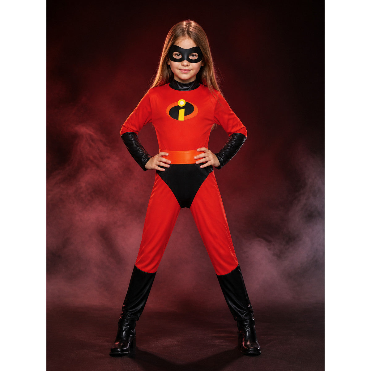 Kids Superhero Costume Bodysuit, Red with Orange Belt and Eye Mask, Halloween main product view