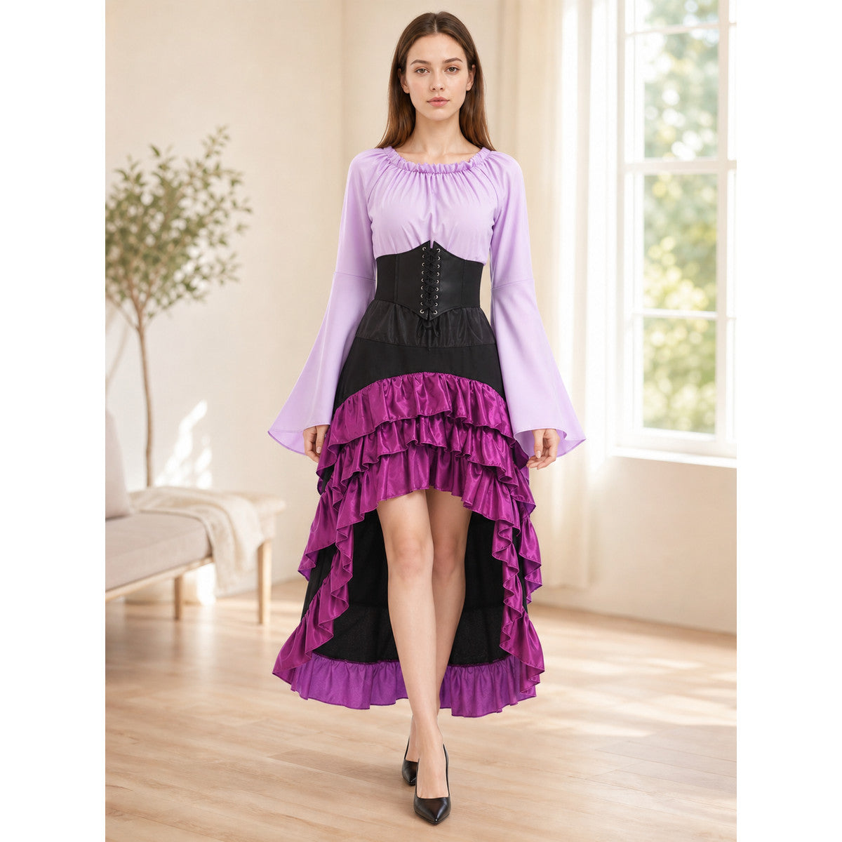Asymmetric Ruffled Dress with Corset Lacing lifestyle