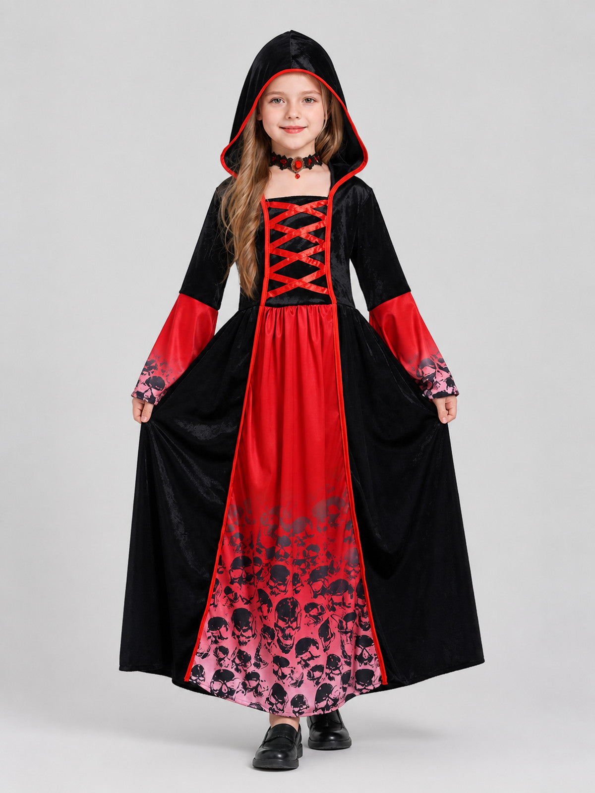Red and Black Vampire Dress with Skulls and Hood Costume Dresses detail