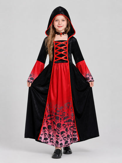 Red and Black Vampire Dress with Skulls and Hood Costume Dresses detail