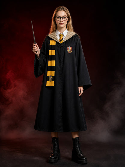 Hufflepuff Wizard Costume Set with Robe, Scarf, Tie, Glasses and Wand - Black main product view