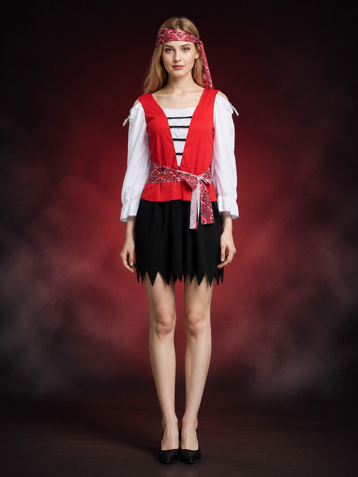 Halloween Pirate Costume Dress Set with Headscarf and Belt, Long Sleeve, Red main product view