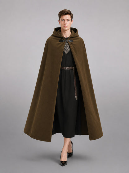 Olive hooded cloak with a metal clasp and open front, shown full-body on a model wearing a black outfit
