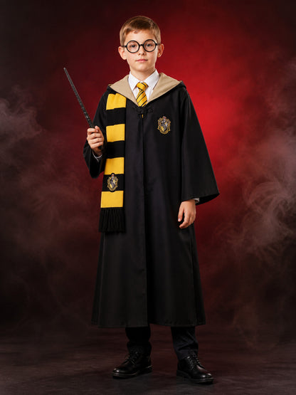 Hufflepuff Wizard Costume Set, Hooded Robe With Striped Scarf, Tie, Glasses &