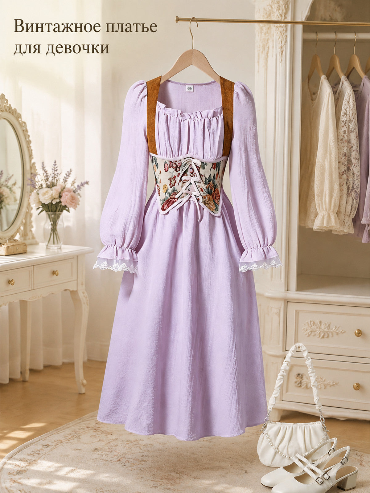 Purple Long-Sleeve Dress for Girls Costume Dresses detail