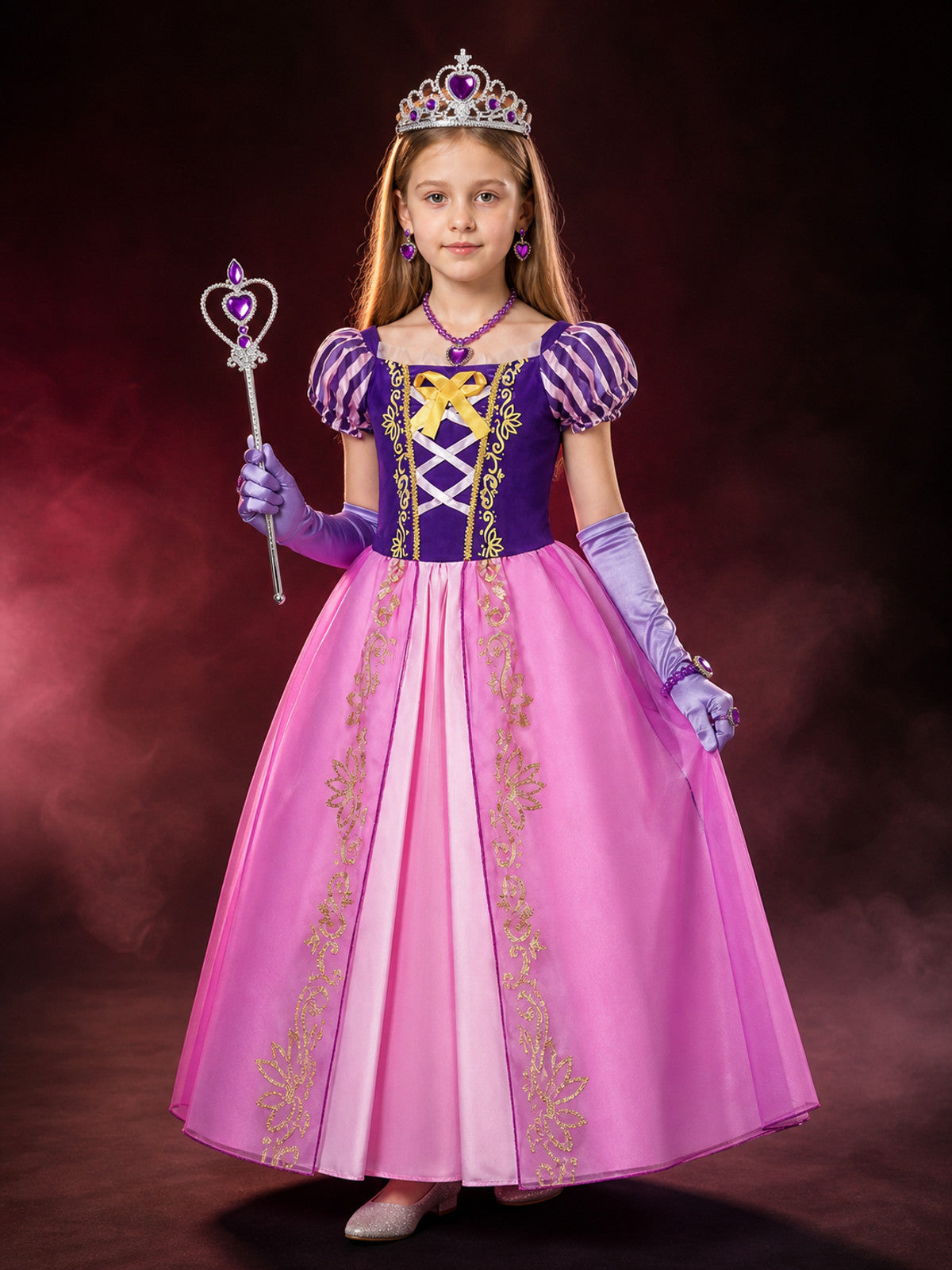 Girls' Princess Halloween Costume Dress Set With Crown, Jewelry, Wand And Gloves